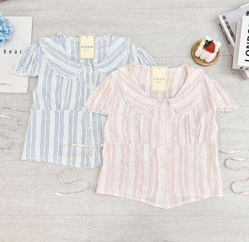 Lacey Border Peter Pan Collar Stripes Cotton Tops